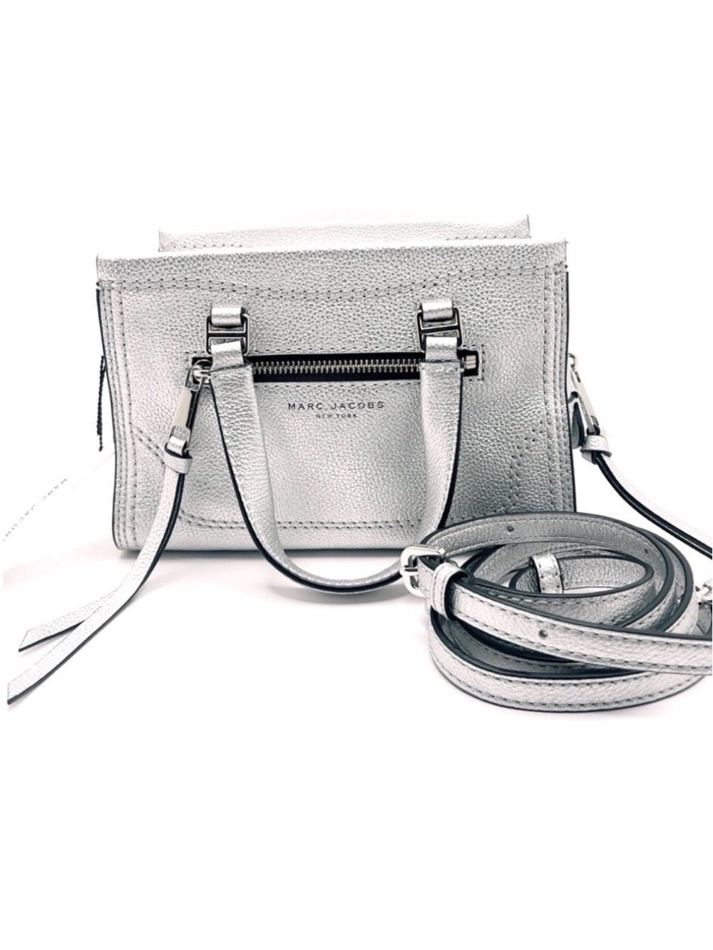 NWT Marc Jacobs Silver Metallic Leather Top Handle Crossbody Handbag W/ Strap